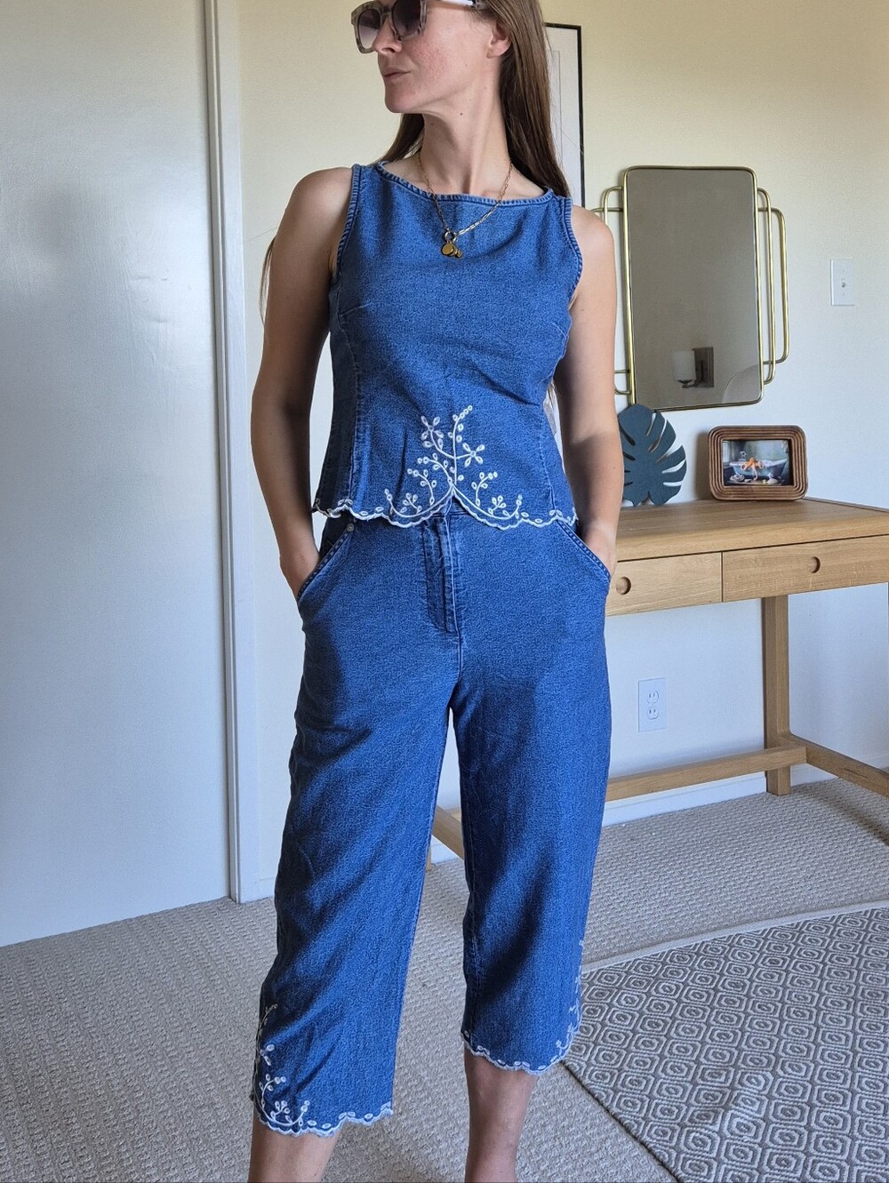 Vintage Blue Denim 90s Embroidered Two-Piece Co-ord Set Cottagecore